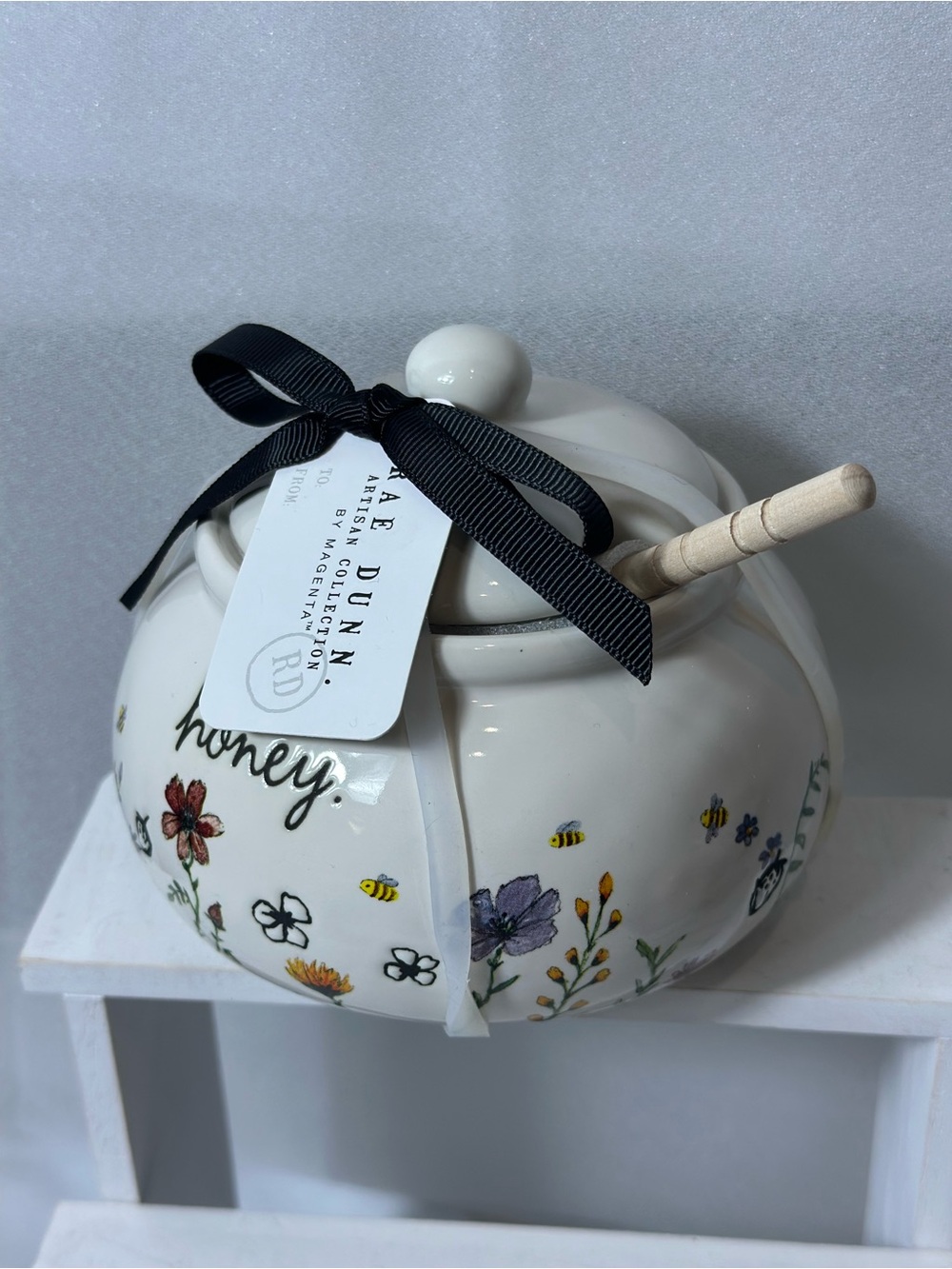 Rae Dunn Ceramic Honey Pot with Dipper - White with Floral & Bee Accents